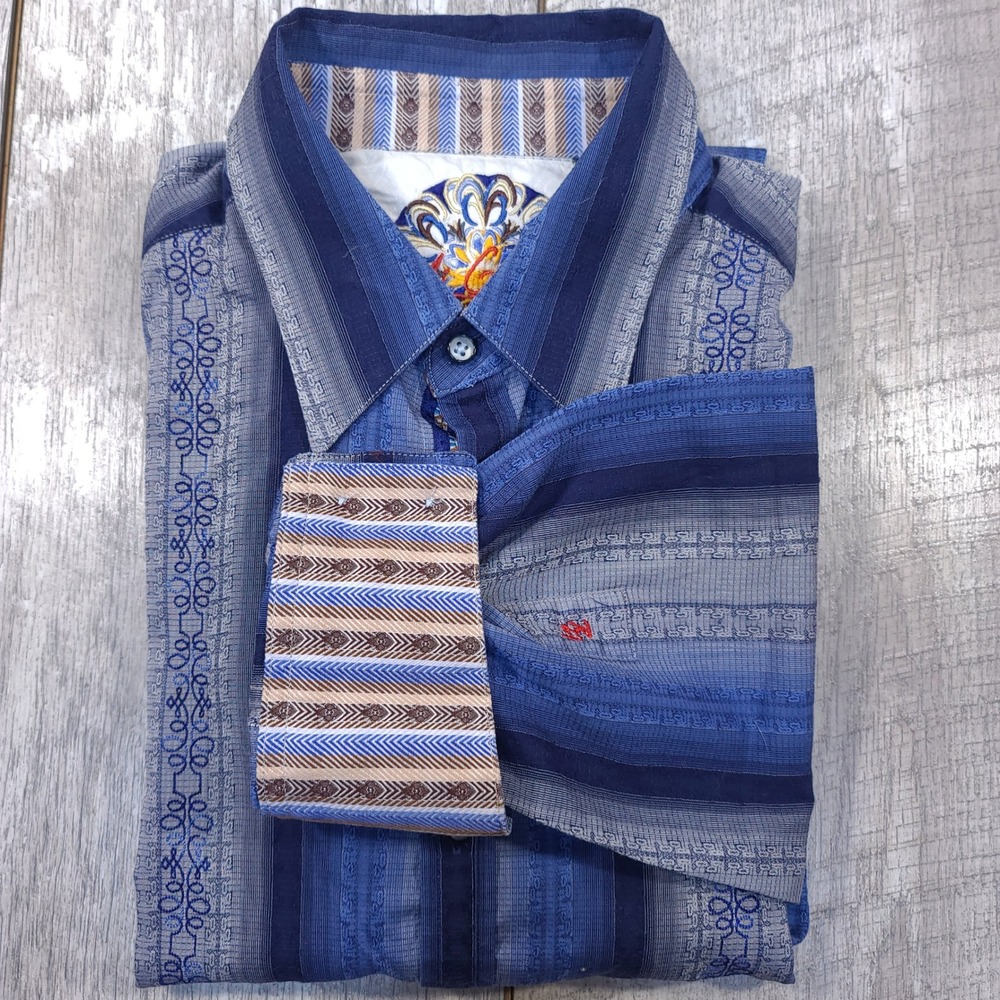 Robert Graham Button Shirt Mens Size Medium Blue Striped Embroidered Long Sleeve